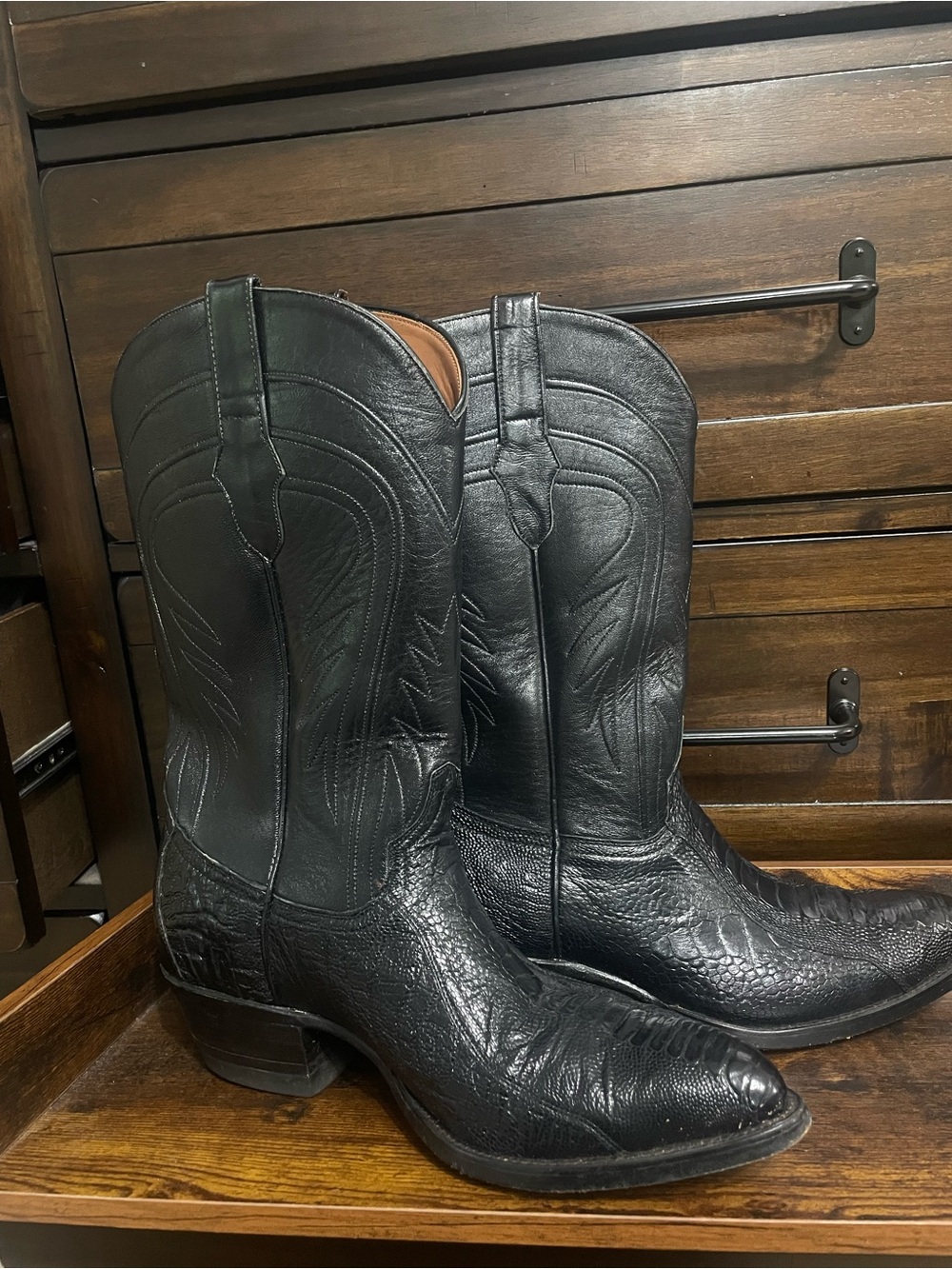 Black genuine ostrich leg cowboy boots